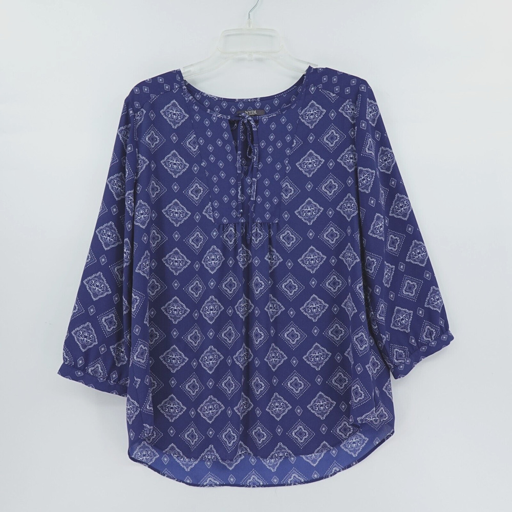 NYDJ Peasant Top‎ Womens Small Blue Geo Print Flowy Boho Chic